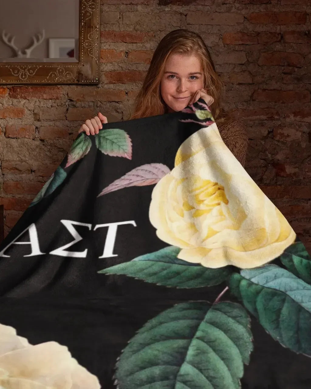 Alpha Sigma Tau XL 60x80 Sherpa Throw Blanket - Yellow Roses Throw Blankets