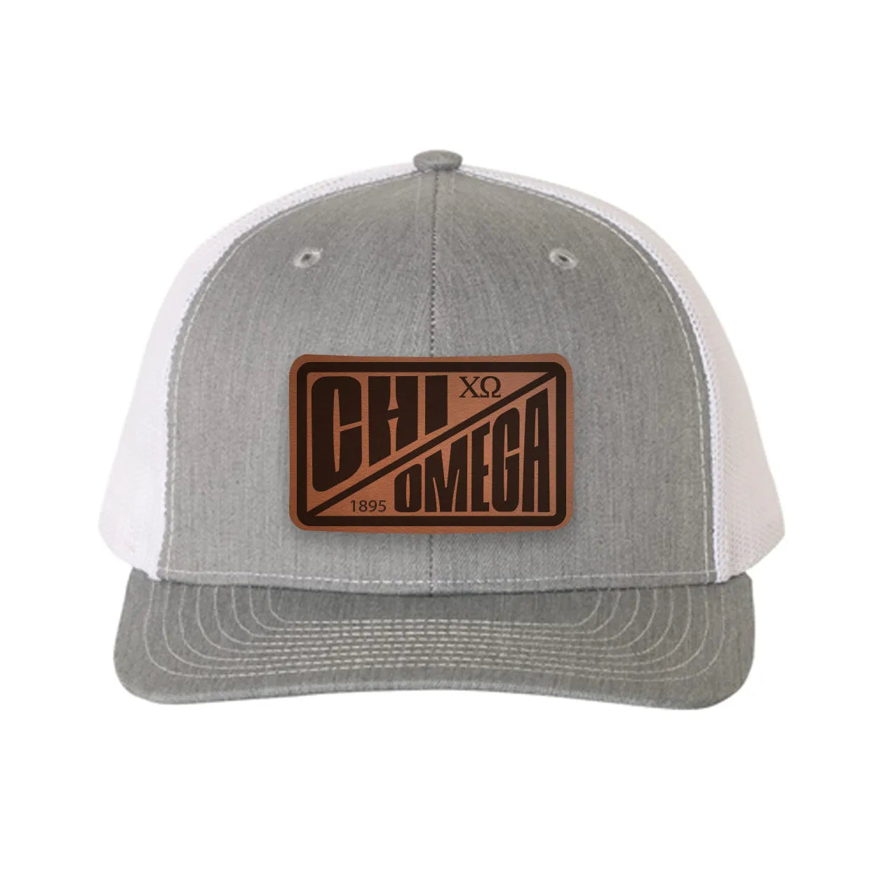 Chi Omega Richardson 112 Leatherette Patch Trucker Hat - Divide Heather Gray White Trucker Hat