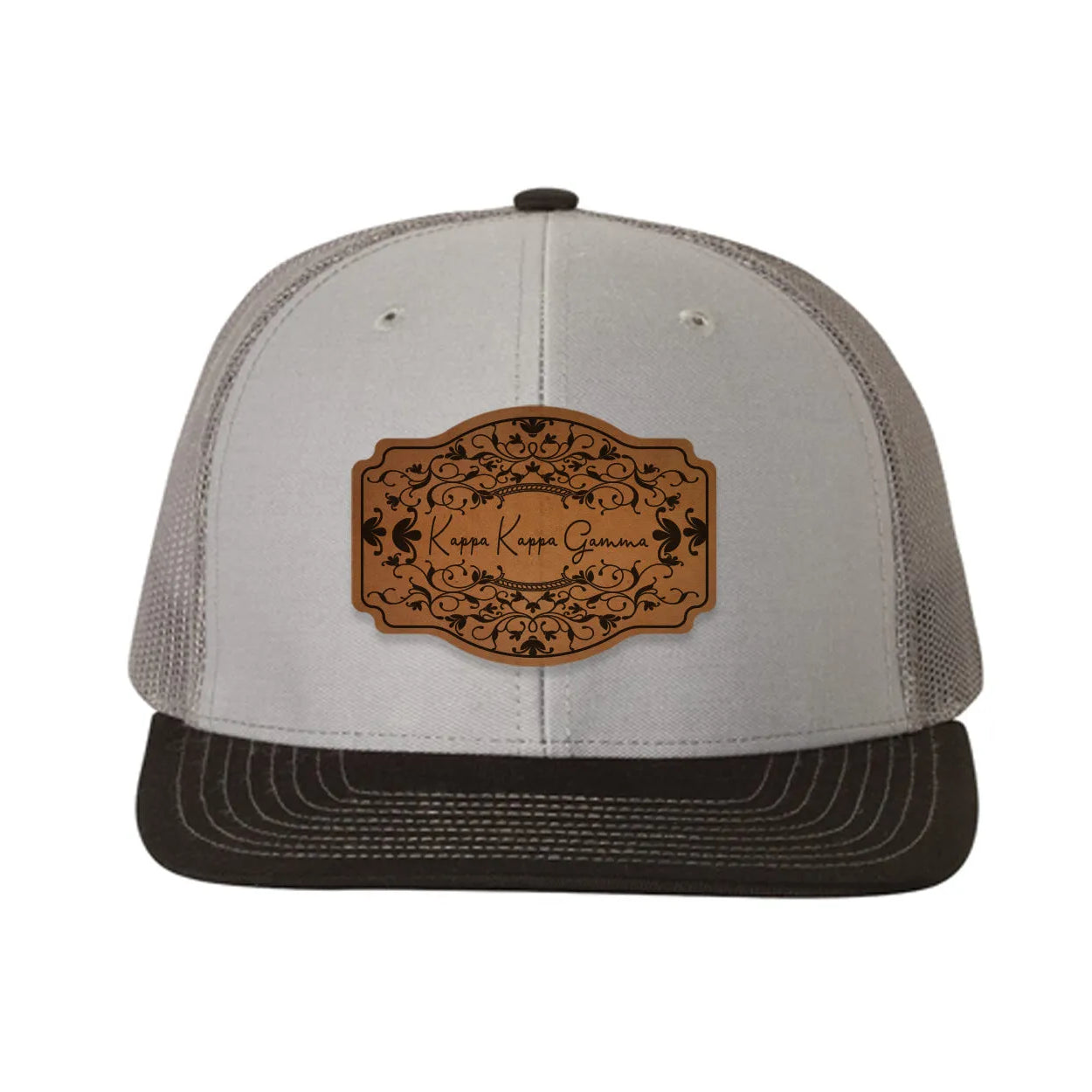 Kappa Kappa Gamma Richardson 112 Leatherette Patch Trucker Hat - Scroll Gray Charcoal Black Trucker Hat