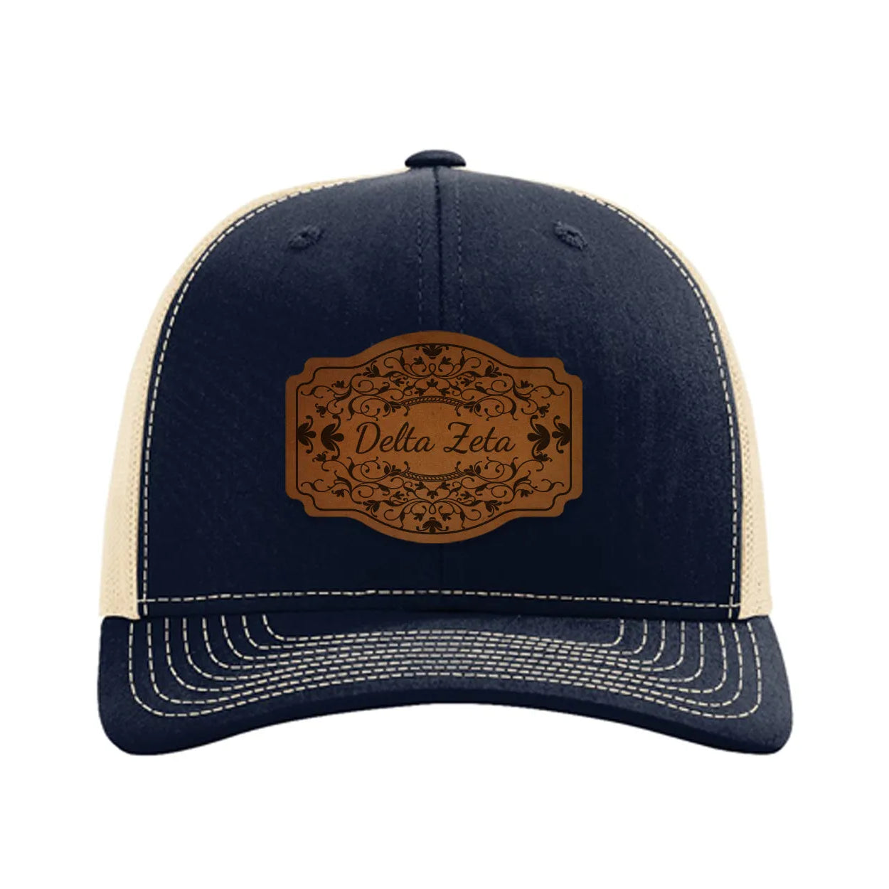 Delta Zeta Richardson 112 Leatherette Patch Trucker Hat - Scroll Navy Khaki Trucker Hat