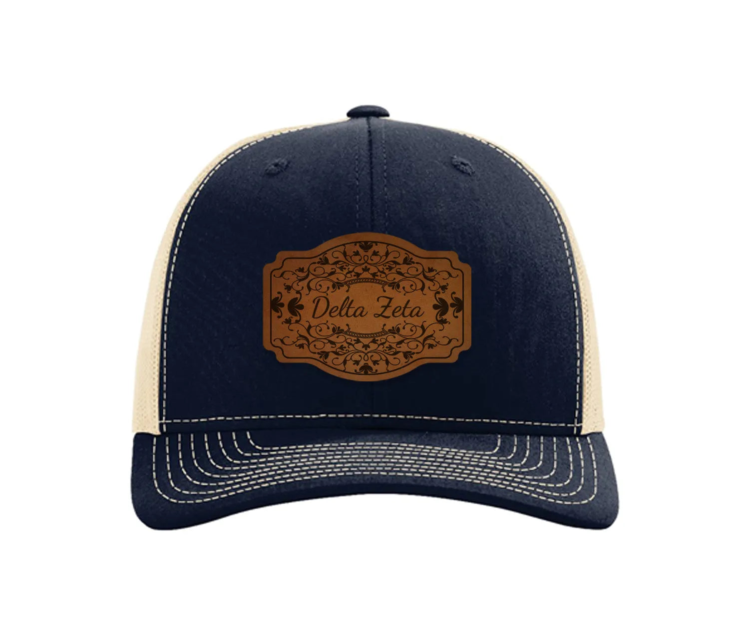 Delta Zeta Richardson 112 Leatherette Patch Trucker Hat - Scroll Navy Khaki Trucker Hat