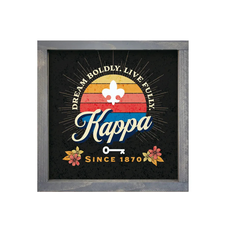 Kappa Kappa Gamma 12x12 Wood Framed Sign - Retro Sunset Weathered Gray Wall Art & Signs