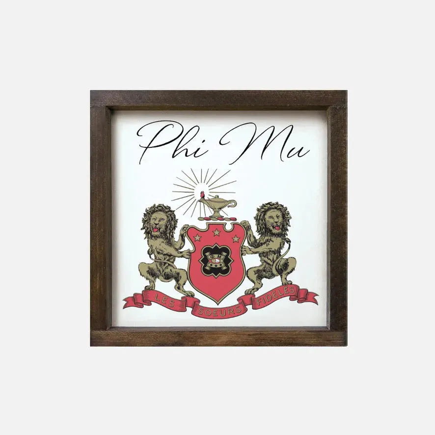 Phi Mu 12x12 Wood Framed Sign - Crest Walnut Stain Wall Art & Signs