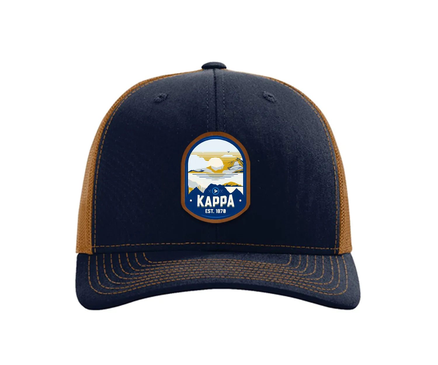 Kappa Kappa Gamma Richardson 112 UV Print Leatherette Patch Trucker Hat - Ventura Navy Caramel Trucker Hat