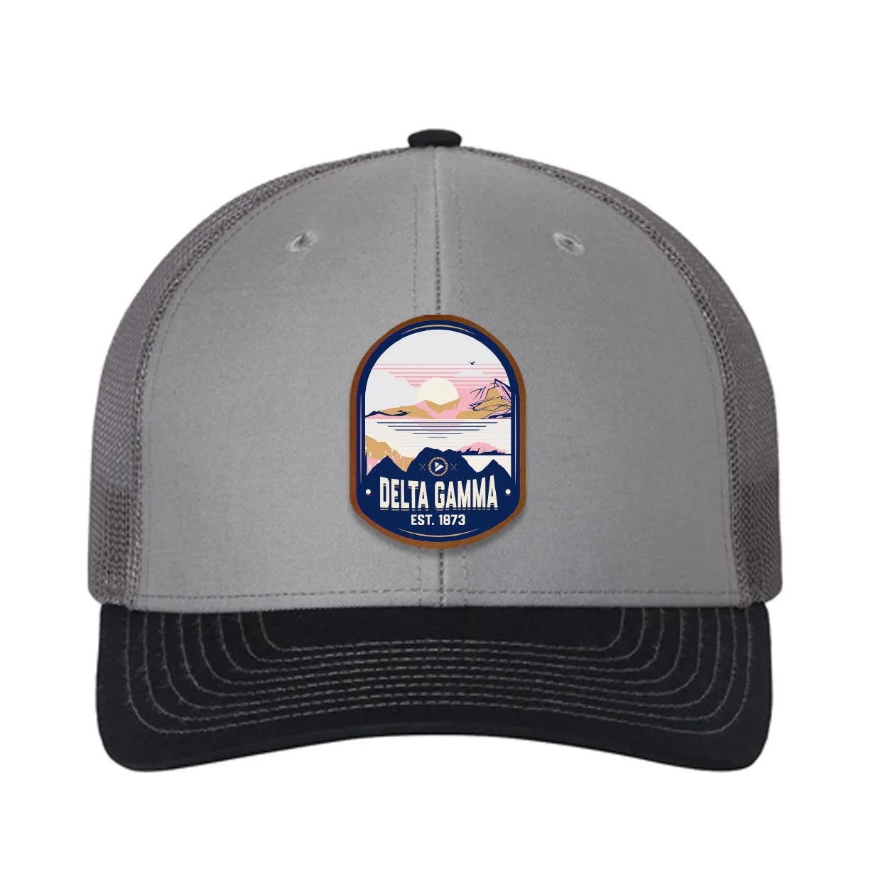Delta Gamma Richardson 112 UV Print Leatherette Patch Trucker Hat - Ventura Gray Charcoal Navy Trucker Hat