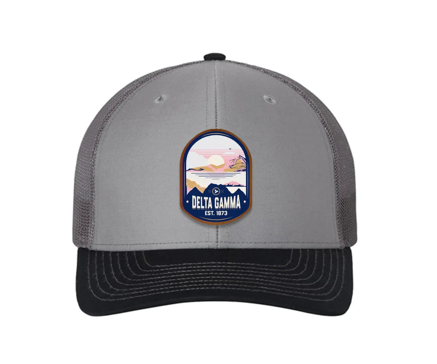 Delta Gamma Richardson 112 UV Print Leatherette Patch Trucker Hat - Ventura Gray Charcoal Navy Trucker Hat