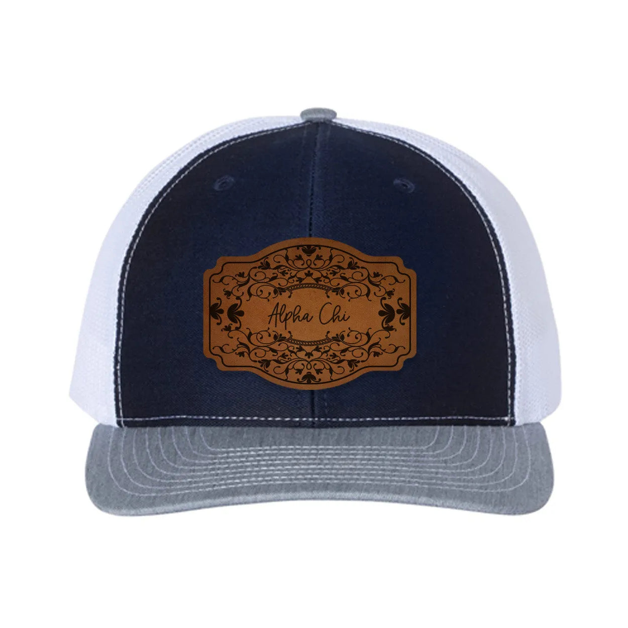 Alpha Chi Omega Richardson 112 Leatherette Patch Trucker Hat - Scroll Navy White Heather Cray Trucker Hat