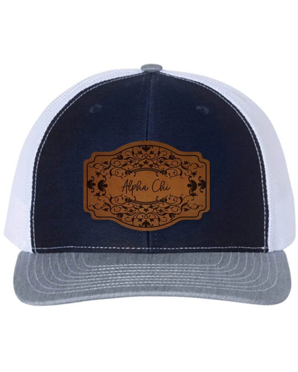 Alpha Chi Omega Richardson 112 Leatherette Patch Trucker Hat - Scroll Navy White Heather Cray Trucker Hat