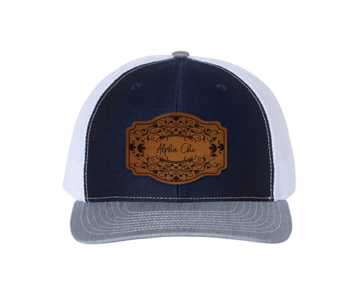 Alpha Chi Omega Richardson 112 Leatherette Patch Trucker Hat - Scroll Navy White Heather Cray Trucker Hat