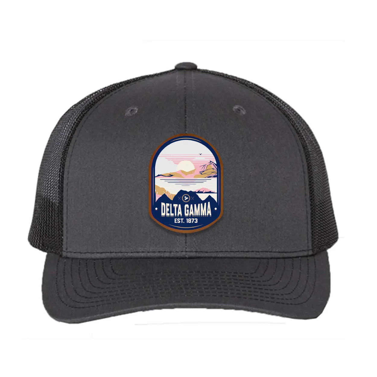 Delta Gamma Richardson 112 UV Print Leatherette Patch Trucker Hat - Ventura Charcoal Black Trucker Hat