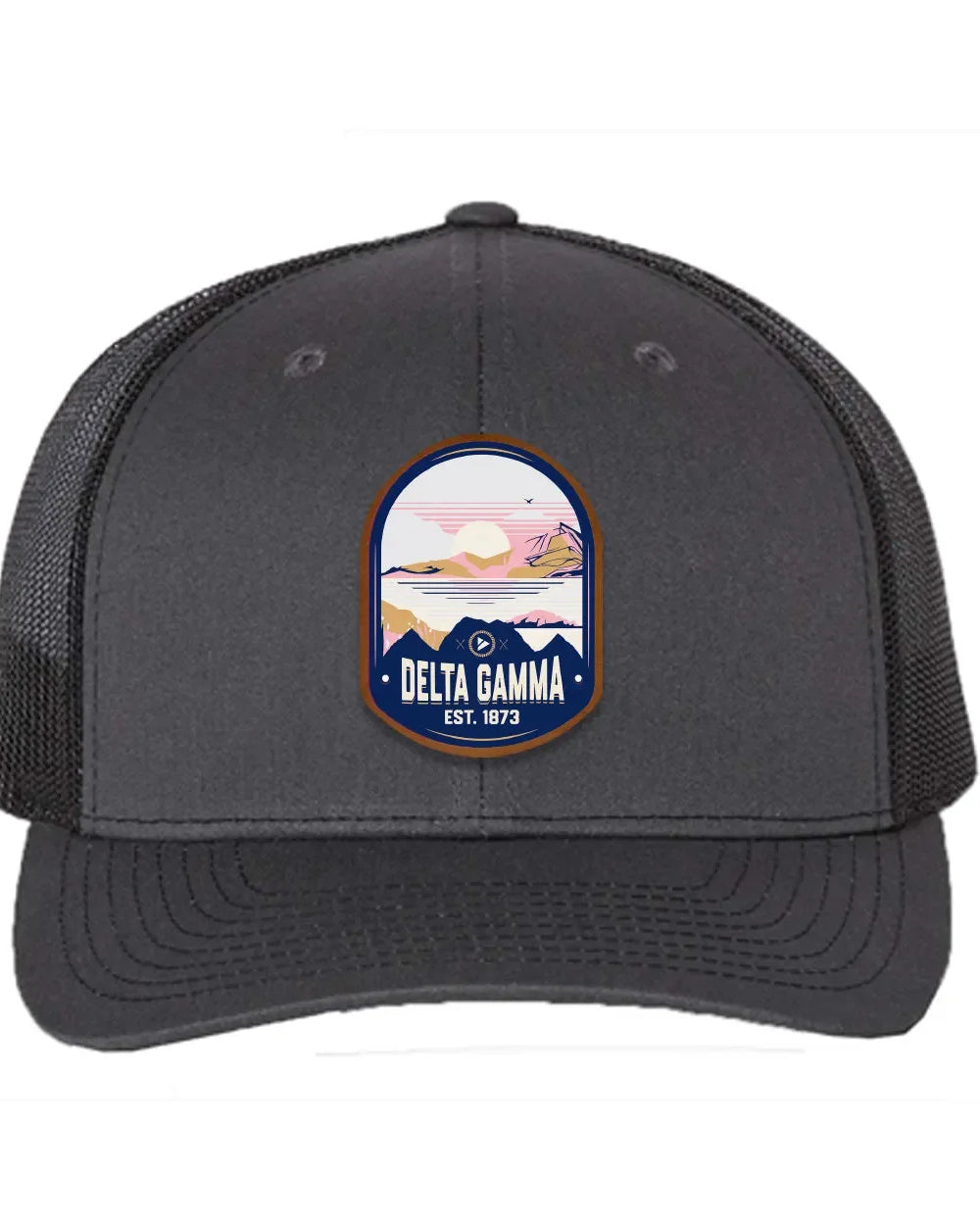 Delta Gamma Richardson 112 UV Print Leatherette Patch Trucker Hat - Ventura Charcoal Black Trucker Hat