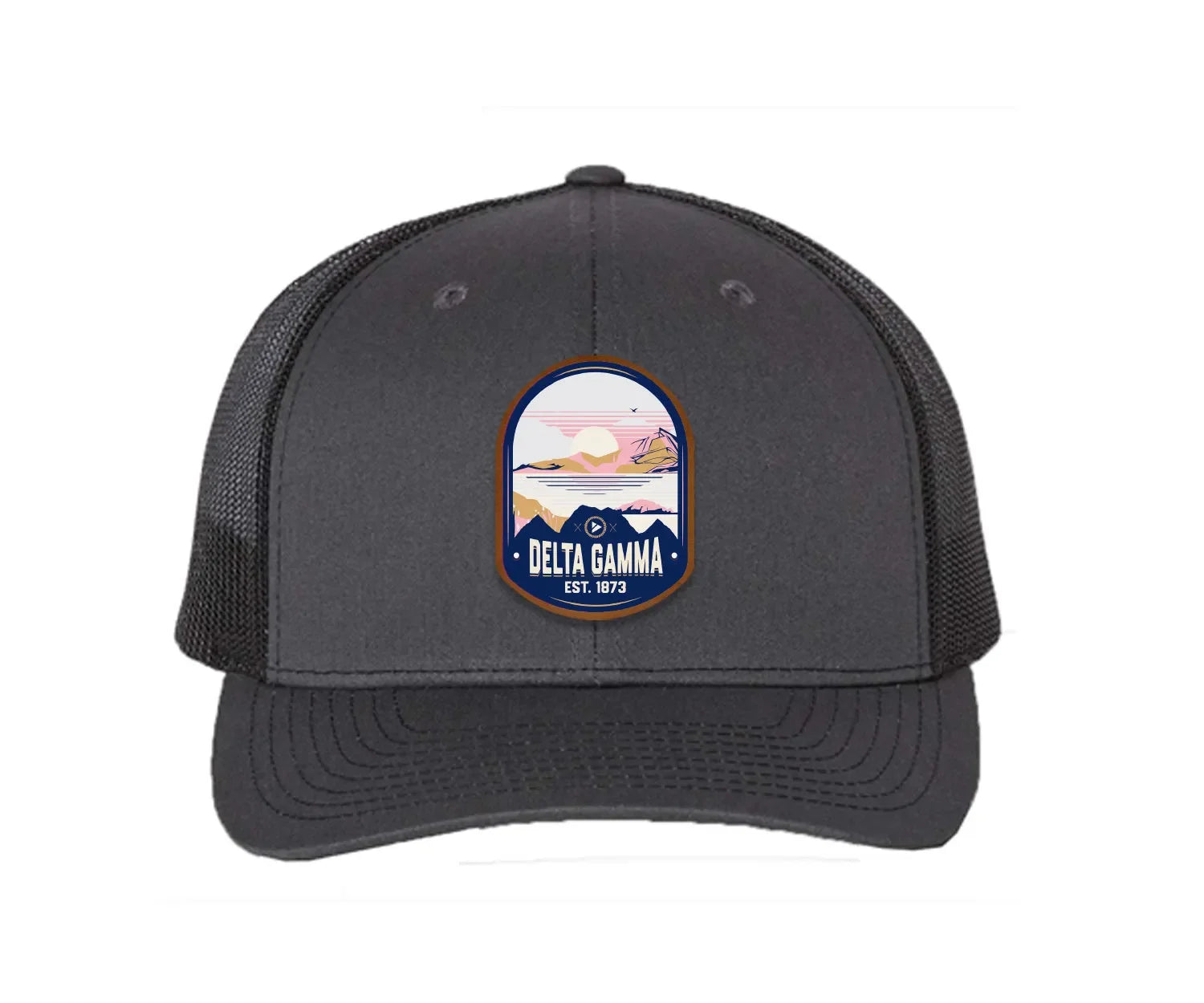 Delta Gamma Richardson 112 UV Print Leatherette Patch Trucker Hat - Ventura Charcoal Black Trucker Hat