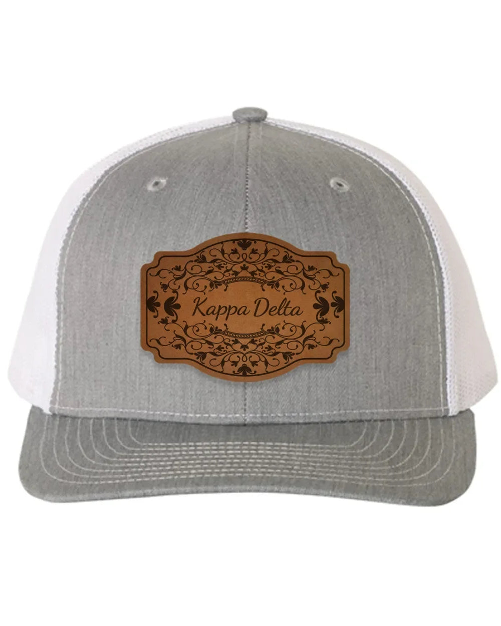 Kappa Delta Richardson 112 Leatherette Patch Trucker Hat - Scroll Heather Gray White Trucker Hat