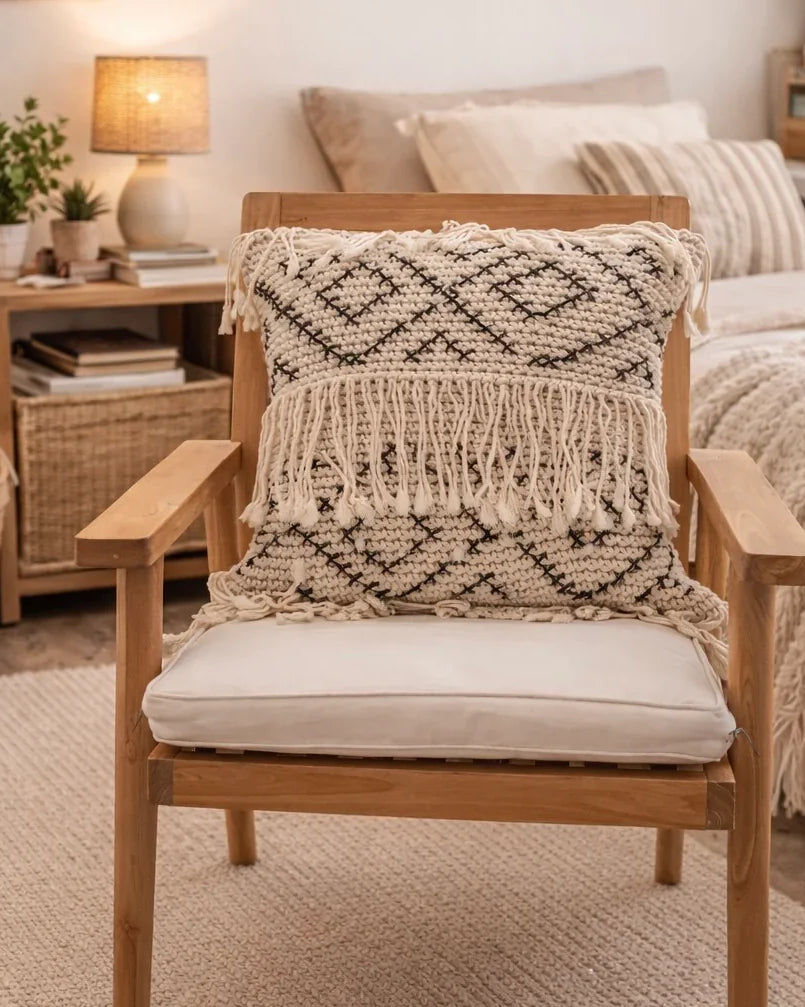 Bohemian Macrame Tasseled Throw Pillow Cover | Boho Dorm Decor
