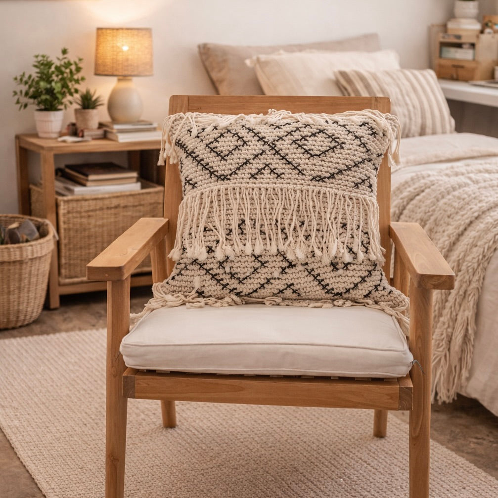 Bohemian Macrame Tasseled Throw Pillow Cover | Boho Dorm Decor