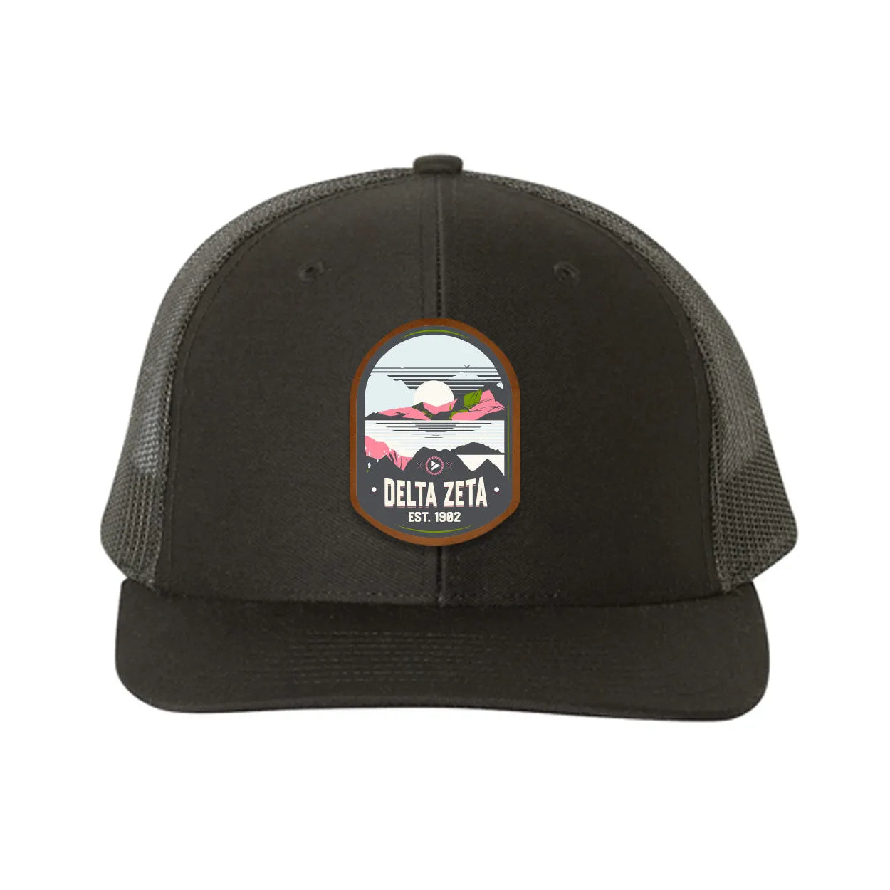 Delta Zeta Richardson 112 UV Print Leatherette Patch Trucker Hat - Ventura Black Black Trucker Hat
