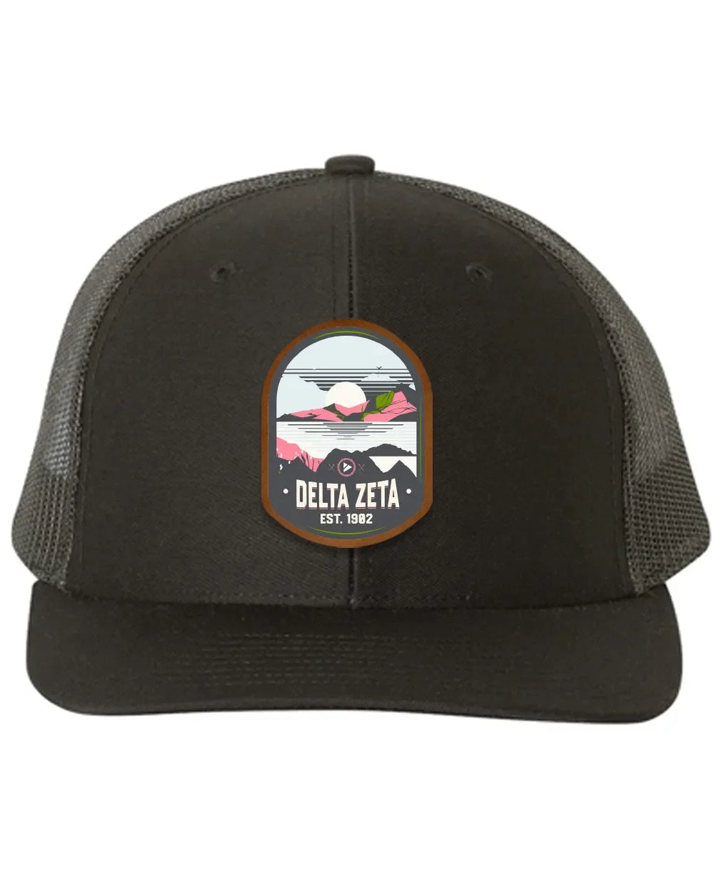 Delta Zeta Richardson 112 UV Print Leatherette Patch Trucker Hat - Ventura Black Black Trucker Hat