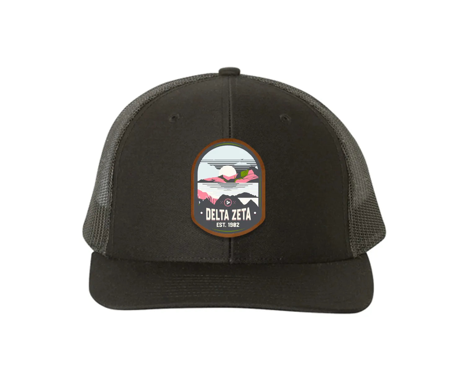 Delta Zeta Richardson 112 UV Print Leatherette Patch Trucker Hat - Ventura Black Black Trucker Hat