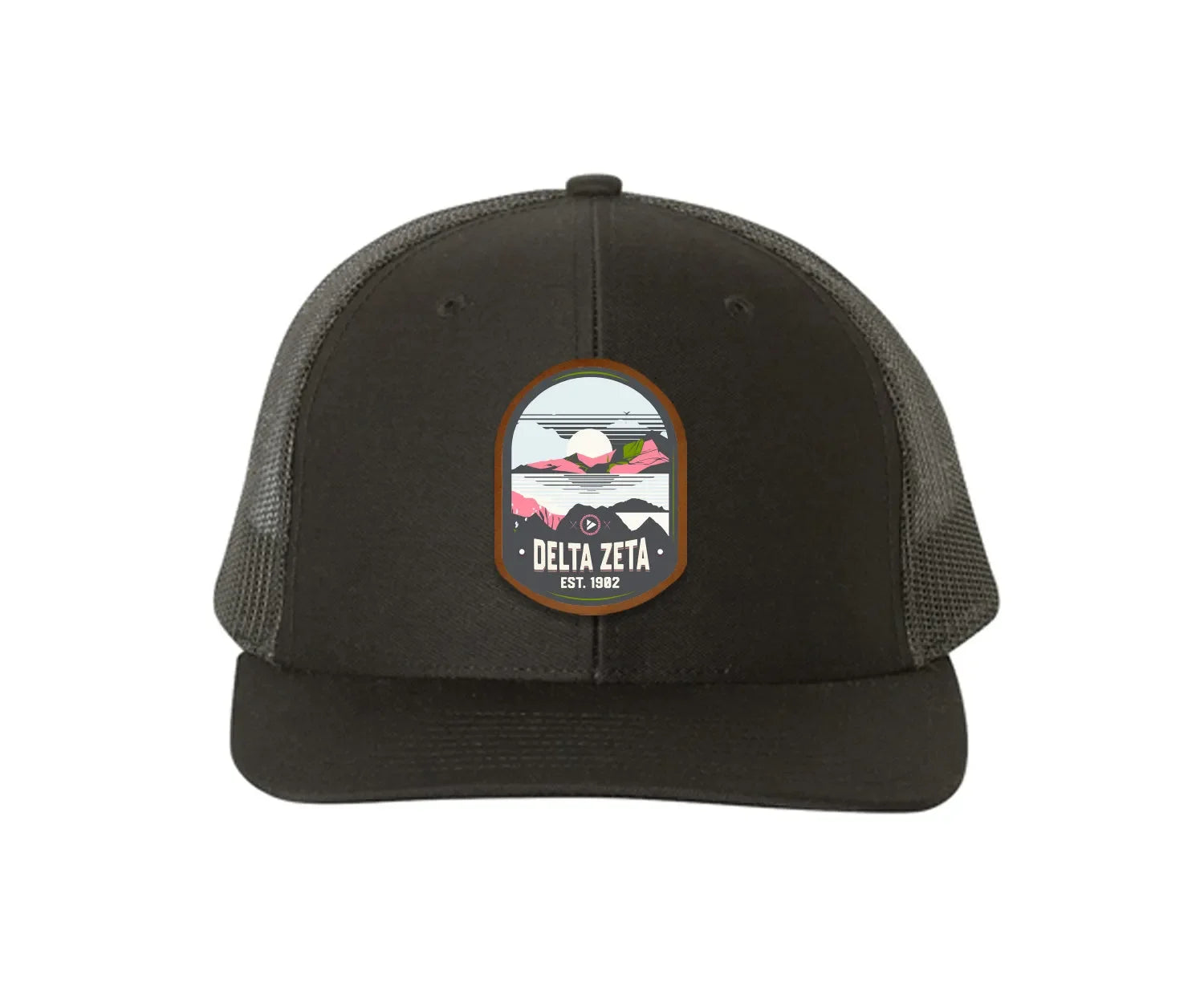 Delta Zeta Richardson 112 UV Print Leatherette Patch Trucker Hat - Ventura Black Black Trucker Hat