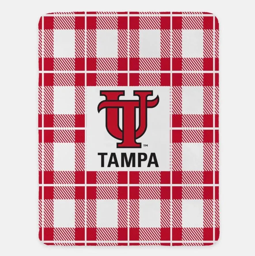 University of Tampa XL 60x80 Sherpa Blanket - UT Plaid Red Throw Blankets