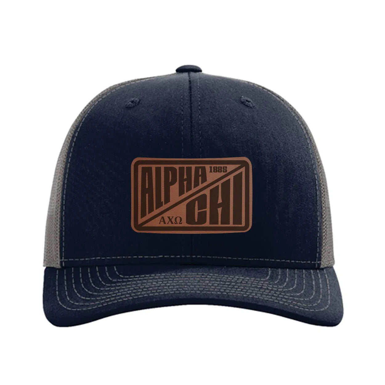 Alpha Chi Omega Richardson 112 Leatherette Patch Trucker Hat - Divide Navy Charcoal Trucker Hat