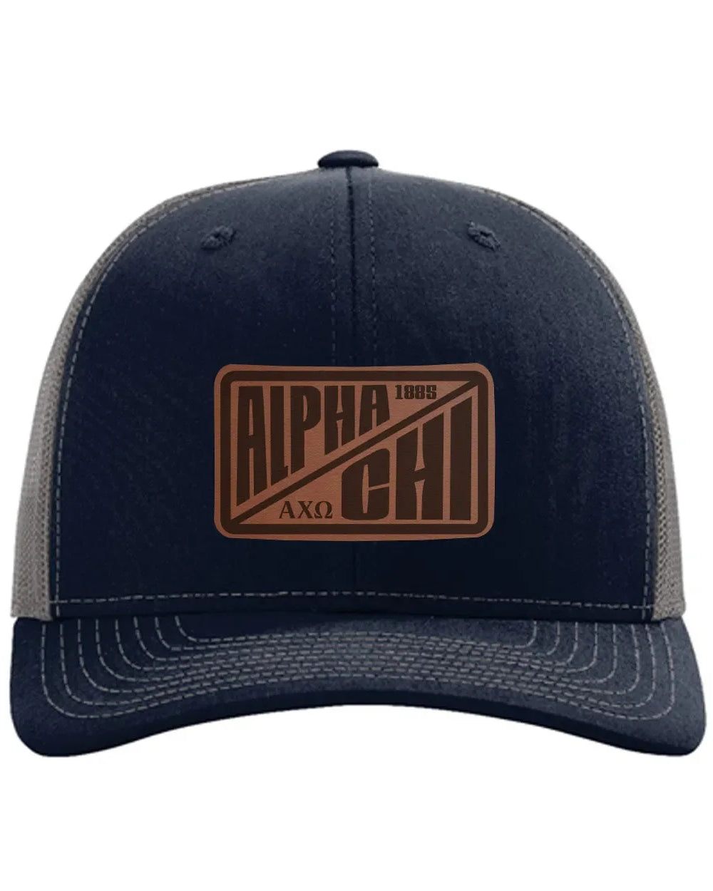 Alpha Chi Omega Richardson 112 Leatherette Patch Trucker Hat - Divide Navy Charcoal Trucker Hat