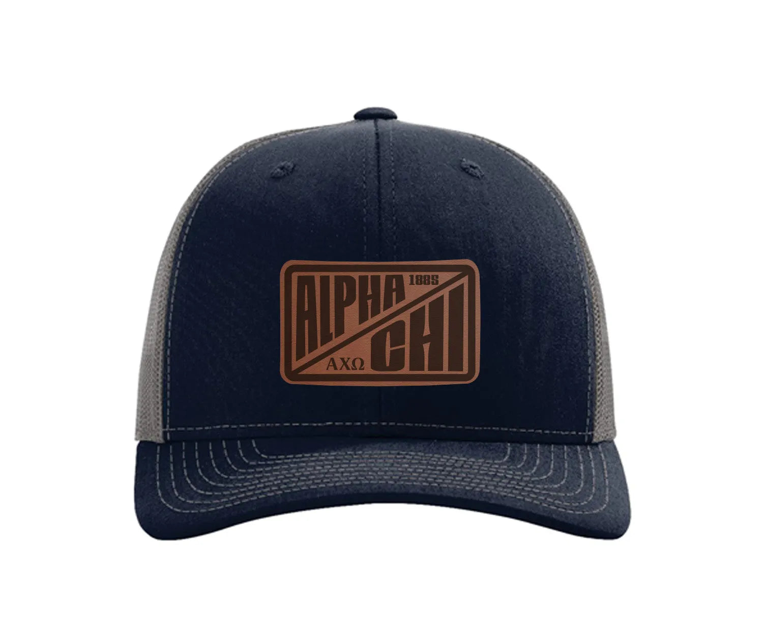 Alpha Chi Omega Richardson 112 Leatherette Patch Trucker Hat - Divide Navy Charcoal Trucker Hat
