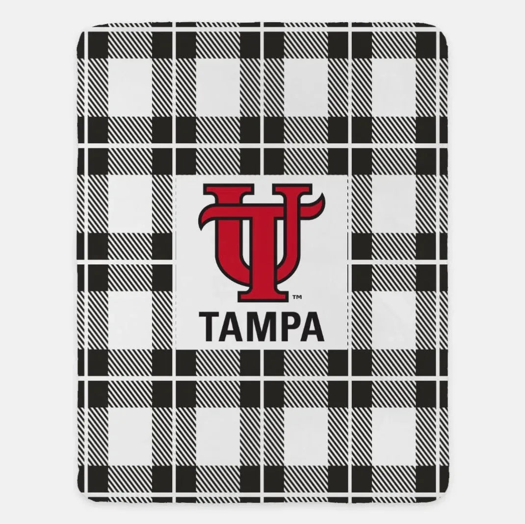 University of Tampa XL 60x80 Sherpa Blanket - UT Plaid Black Throw Blankets