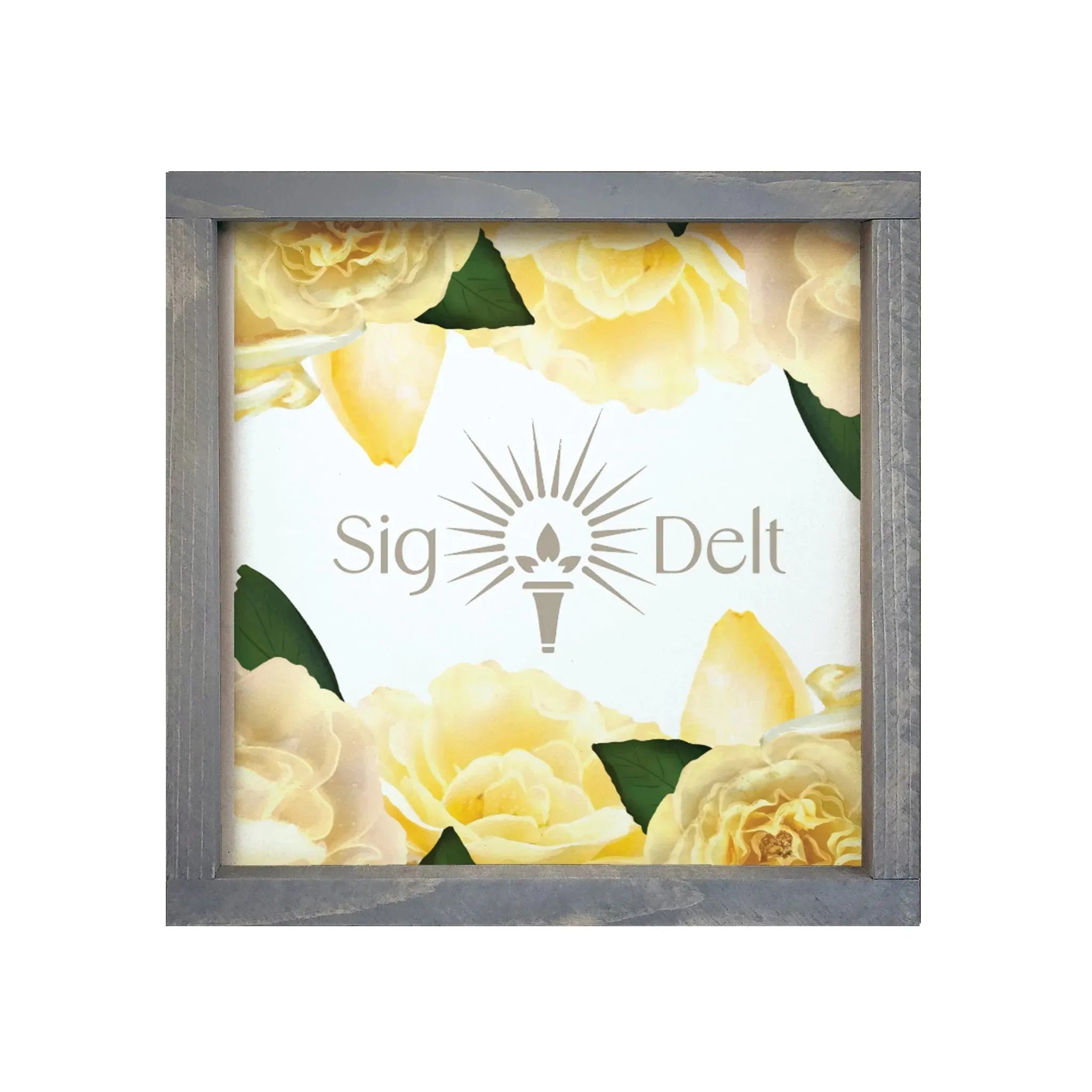 Sigma Delta Tau 12x12 Framed Sign - Yellow Roses Weathered Gray Wall Art & Signs