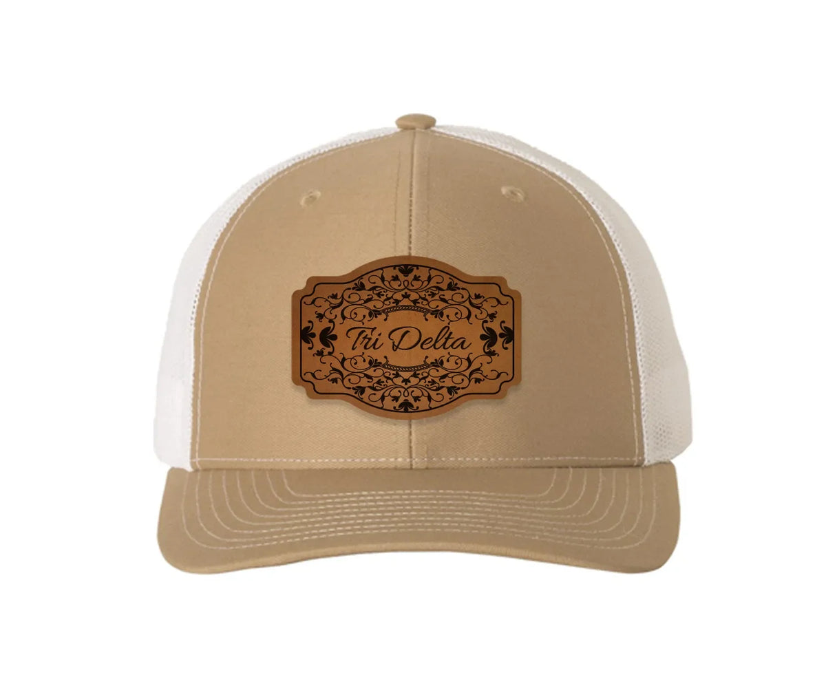 Tri Delta Richardson 112 Leatherette Patch Trucker Hat - Scroll Khaki White Trucker Hat