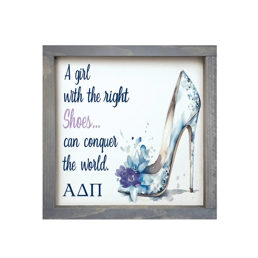 Alpha Delta Pi 12x12 Wood Framed Sign - The Right Shoes Weathered Gray Wall Art & Signs