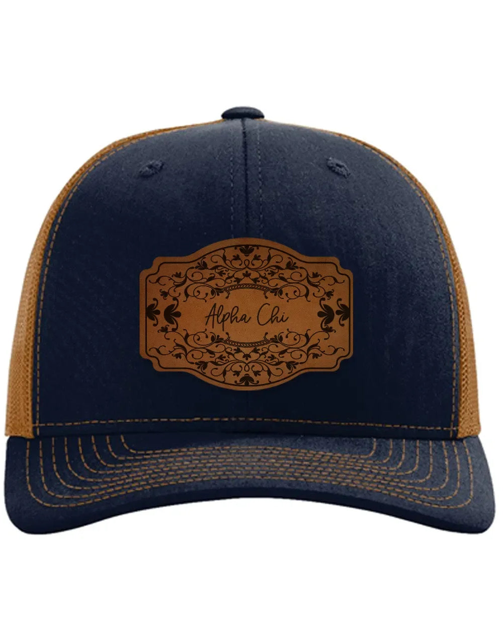 Alpha Chi Omega Richardson 112 Leatherette Patch Trucker Hat - Scroll Navy Caramel Trucker Hat