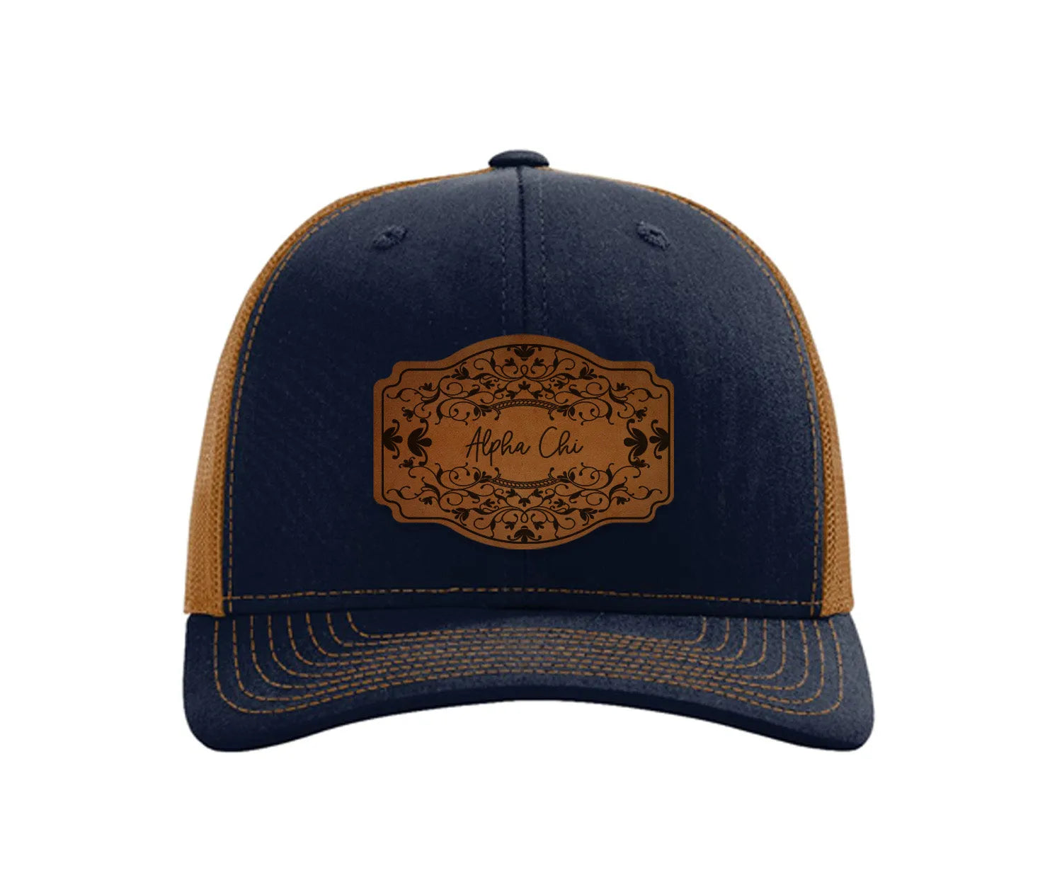Alpha Chi Omega Richardson 112 Leatherette Patch Trucker Hat - Scroll Navy Caramel Trucker Hat