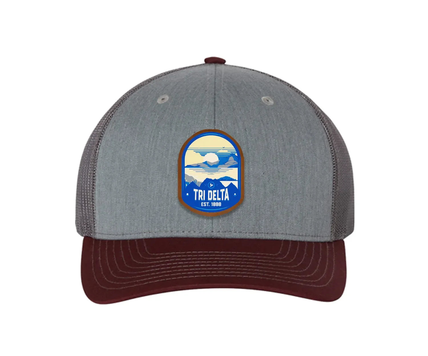 Tri Delta Richardson 112 UV Print Leatherette Patch Trucker Hat - Ventura Heather Gray Charcoal Maroon Trucker Hat