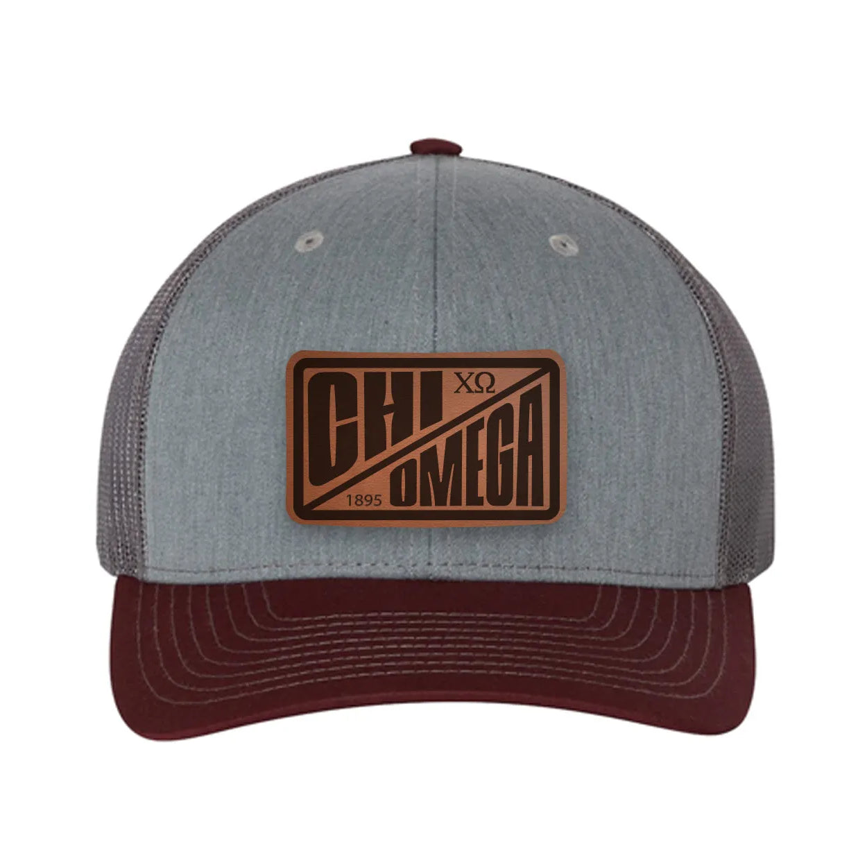 Chi Omega Richardson 112 Leatherette Patch Trucker Hat - Divide Heather Gray Charcoal Maroon Trucker Hat