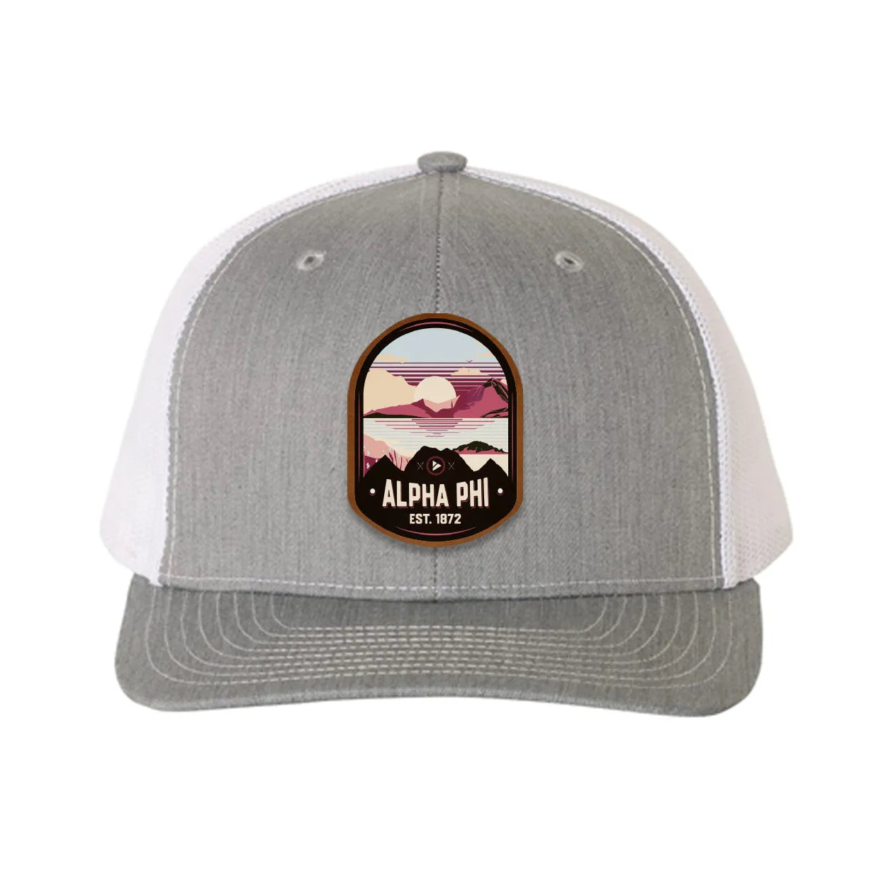 Alpha Phi Richardson 112 UV Print Leatherette Patch Trucker Hat - Ventura Heather Gray White Trucker Hat