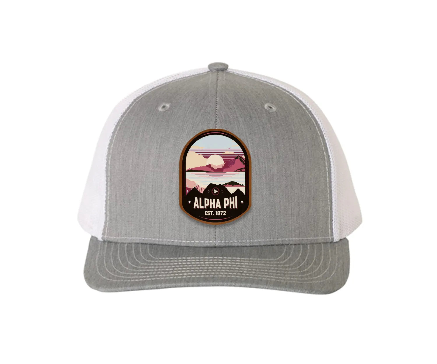Alpha Phi Richardson 112 UV Print Leatherette Patch Trucker Hat - Ventura Heather Gray White Trucker Hat