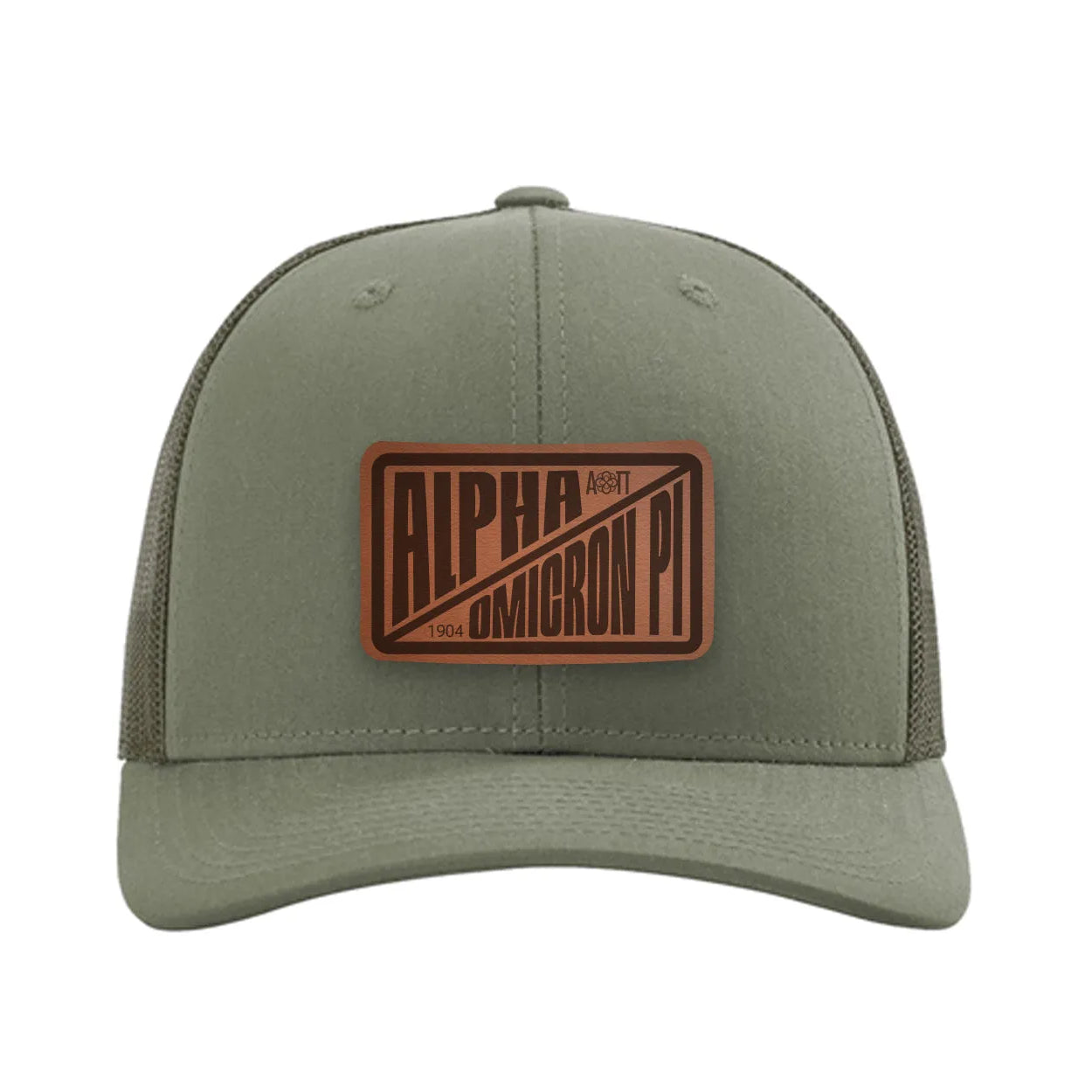 Alpha Omicron Pi Richardson 112 Leatherette Patch Trucker Hat - Divide Loden Trucker Hat