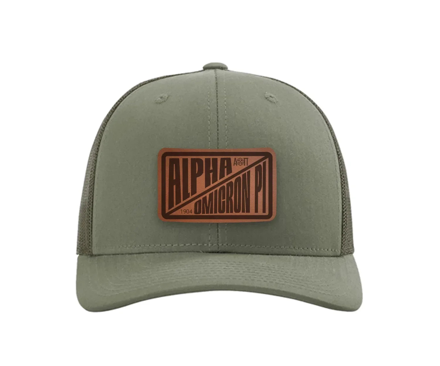Alpha Omicron Pi Richardson 112 Leatherette Patch Trucker Hat - Divide Loden Trucker Hat