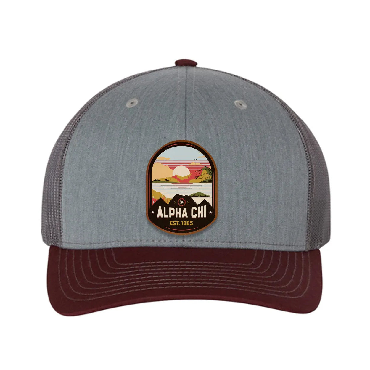 Alpha Chi Omega Richardson 112 UV Print Leatherette Patch Trucker Hat - Ventura Heather Gray Charcoal Maroon Trucker Hat