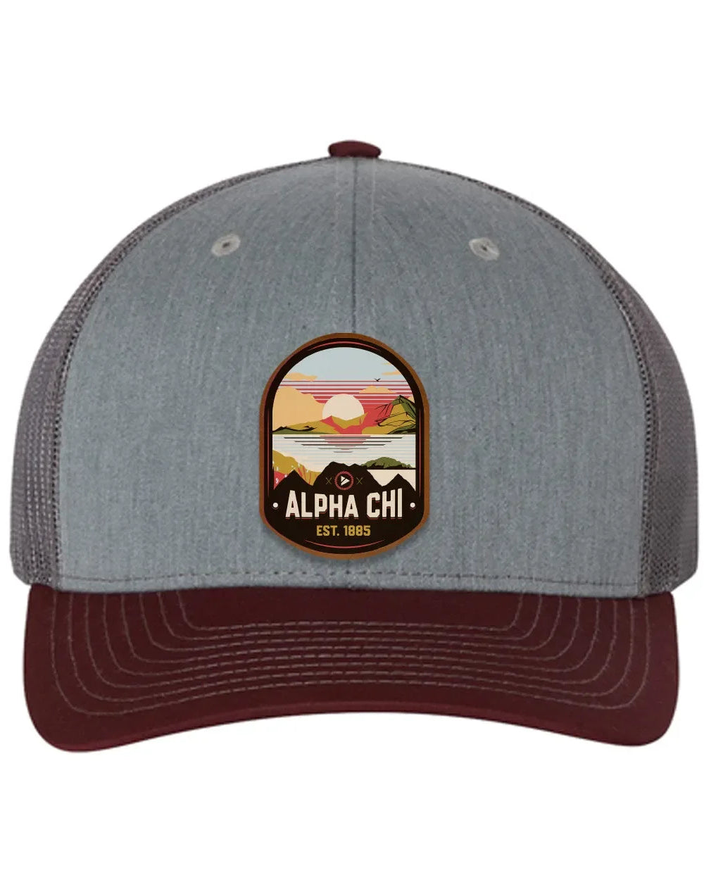 Alpha Chi Omega Richardson 112 UV Print Leatherette Patch Trucker Hat - Ventura Heather Gray Charcoal Maroon Trucker Hat