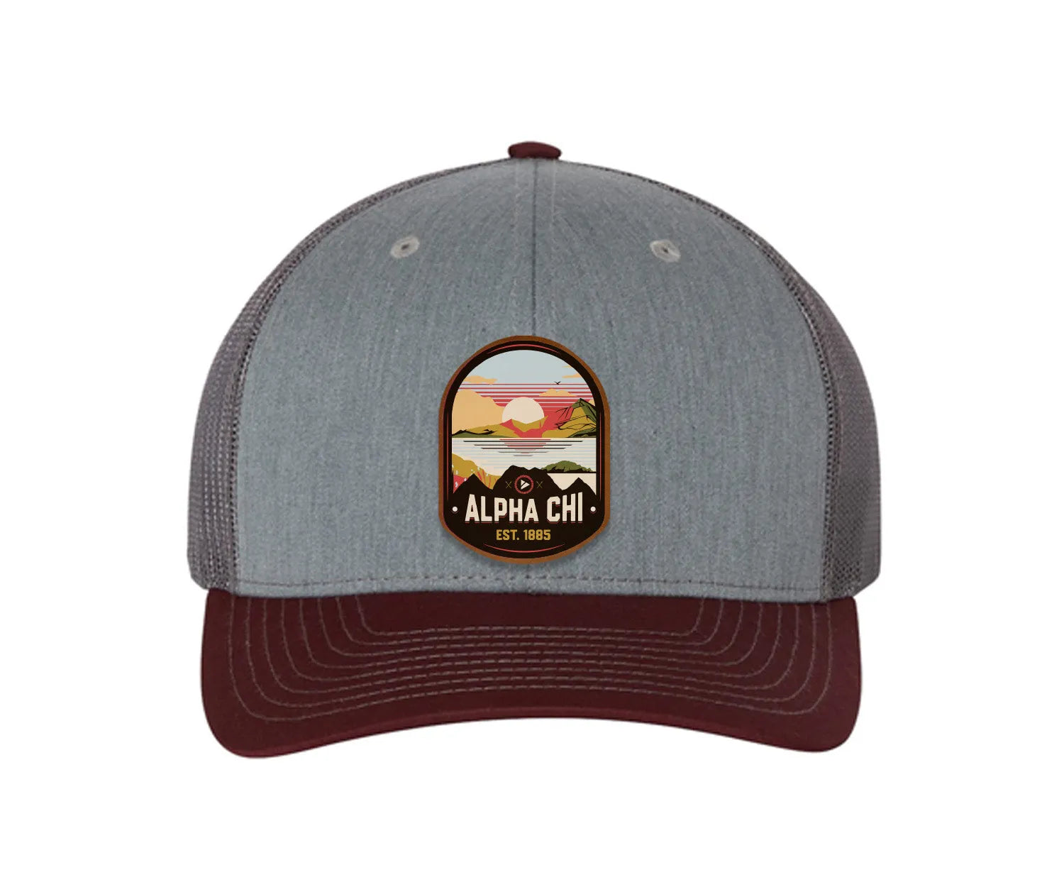 Alpha Chi Omega Richardson 112 UV Print Leatherette Patch Trucker Hat - Ventura Heather Gray Charcoal Maroon Trucker Hat