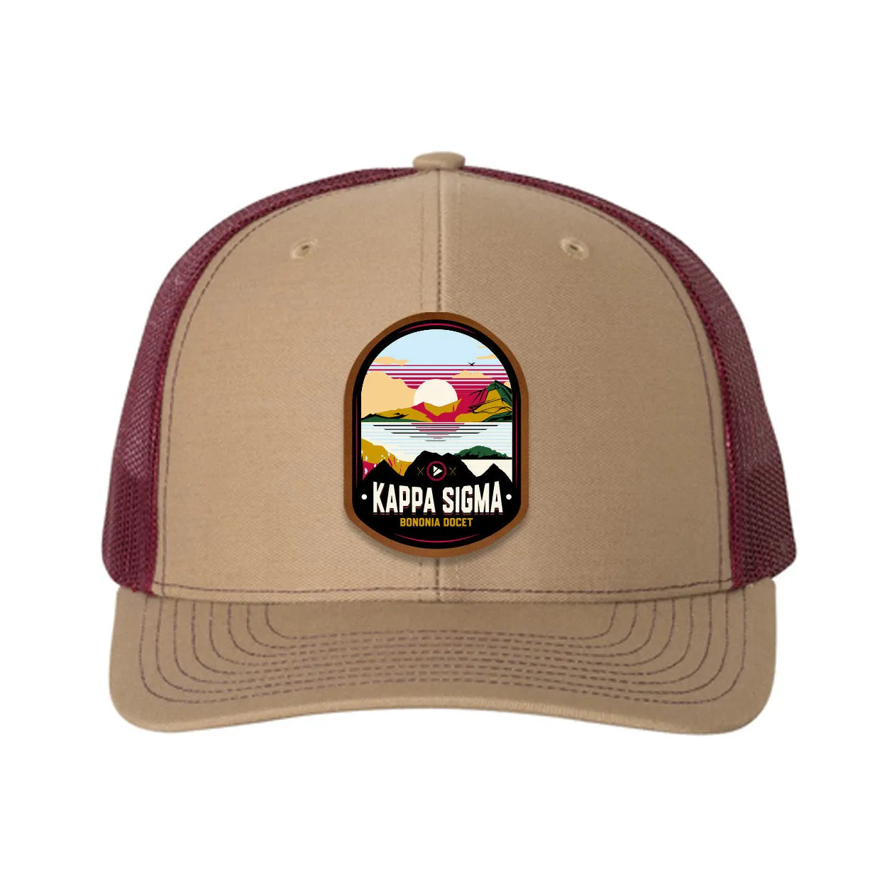 Kappa Sigma Richardson 112 UV Print Leatherette Patch Trucker Hat - Ventura Khaki Burgundy Trucker Hat