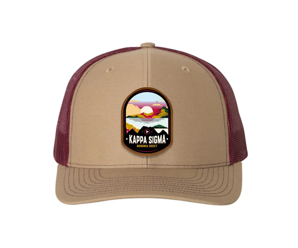 Kappa Sigma Richardson 112 UV Print Leatherette Patch Trucker Hat - Ventura Khaki Burgundy Trucker Hat