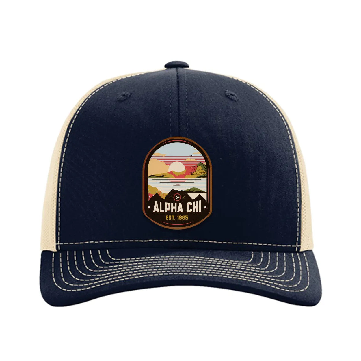 Alpha Chi Omega Richardson 112 UV Print Leatherette Patch Trucker Hat - Ventura Navy Khaki Trucker Hat
