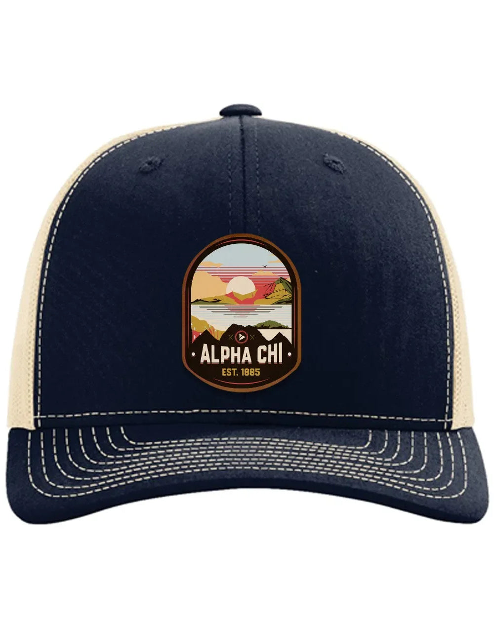 Alpha Chi Omega Richardson 112 UV Print Leatherette Patch Trucker Hat - Ventura Navy Khaki Trucker Hat