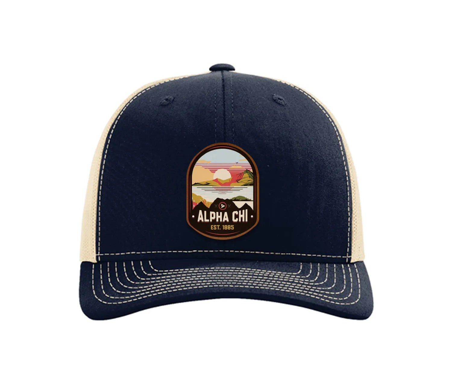 Alpha Chi Omega Richardson 112 UV Print Leatherette Patch Trucker Hat - Ventura Navy Khaki Trucker Hat