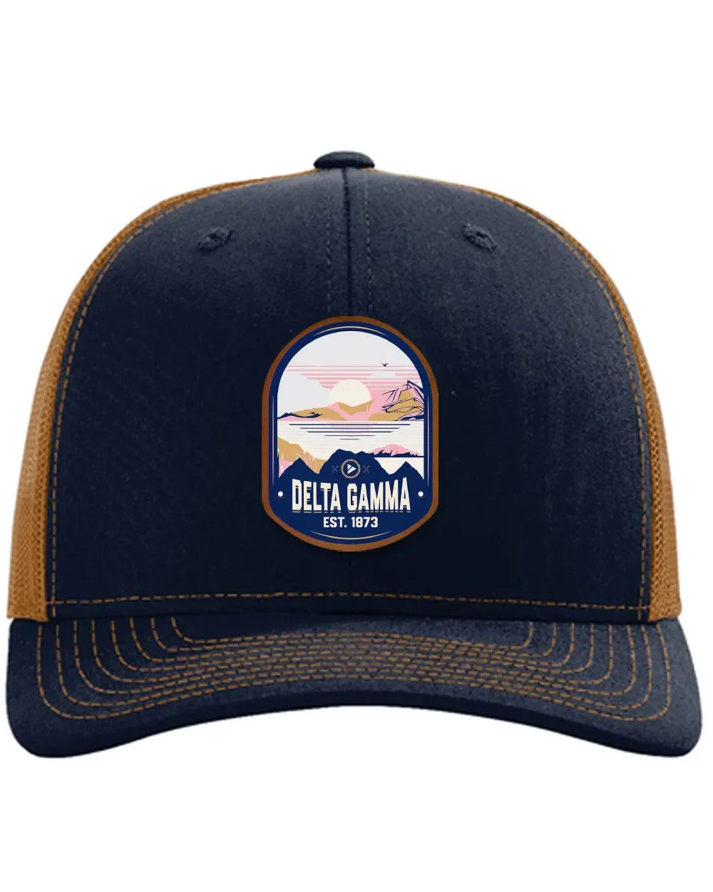 Delta Gamma Richardson 112 UV Print Leatherette Patch Trucker Hat - Ventura Navy Caramel Trucker Hat