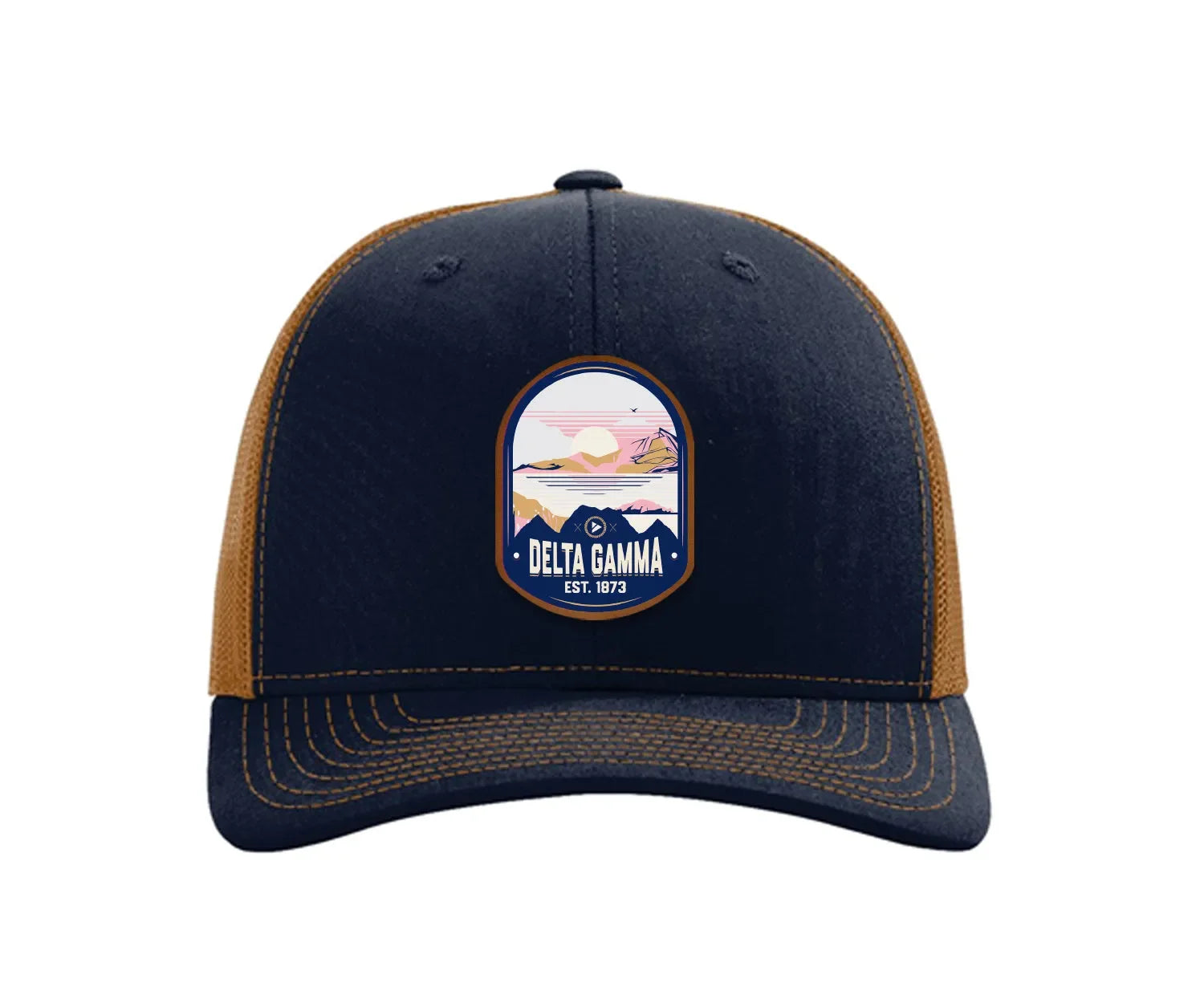 Delta Gamma Richardson 112 UV Print Leatherette Patch Trucker Hat - Ventura Navy Caramel Trucker Hat