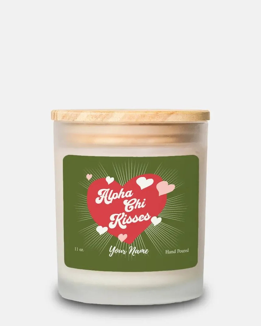 Personalized Alpha Chi Kisses Frosted Glass Candle (Hand Poured 11 oz.) Candles